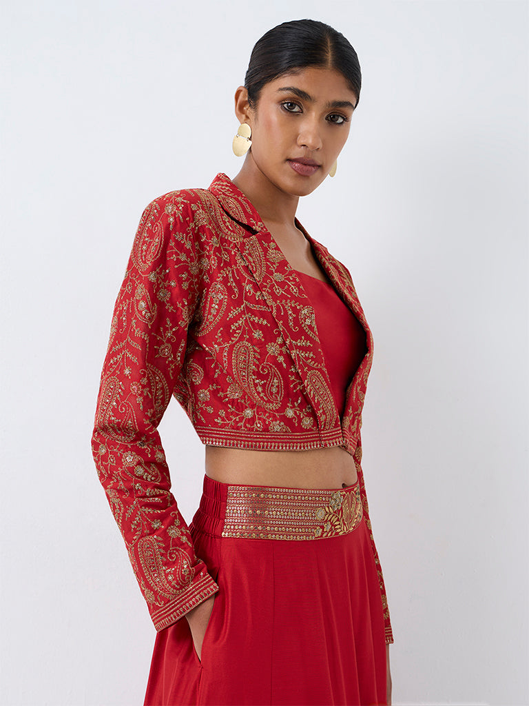 Vark Red Paisley Embroidered Jacket with Top