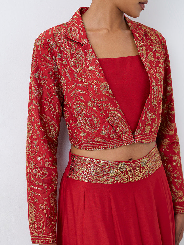 Vark Red Paisley Embroidered Jacket with Top