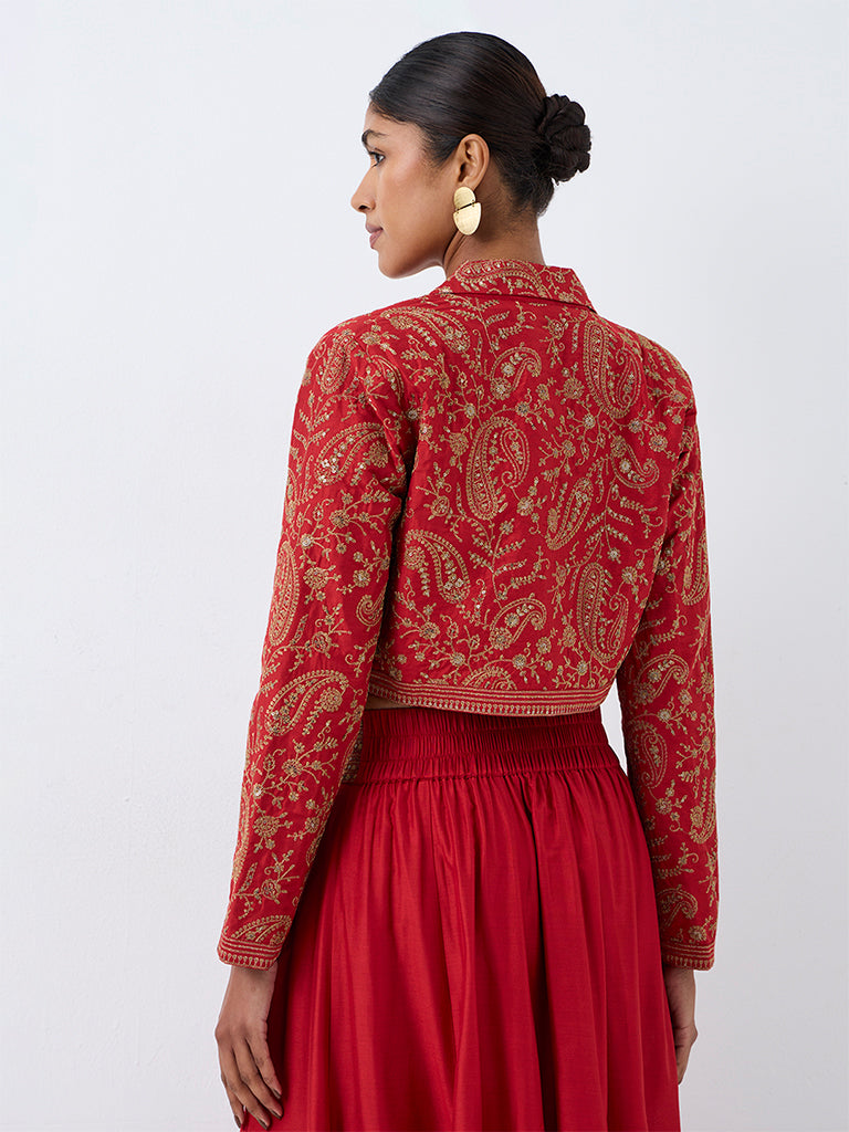 Vark Red Paisley Embroidered Jacket with Top