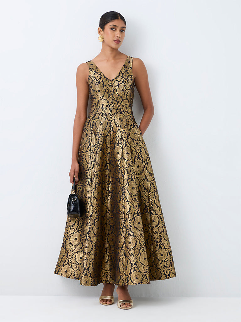 Vark Black Floral Jacquard Fit-and-Flare Dress