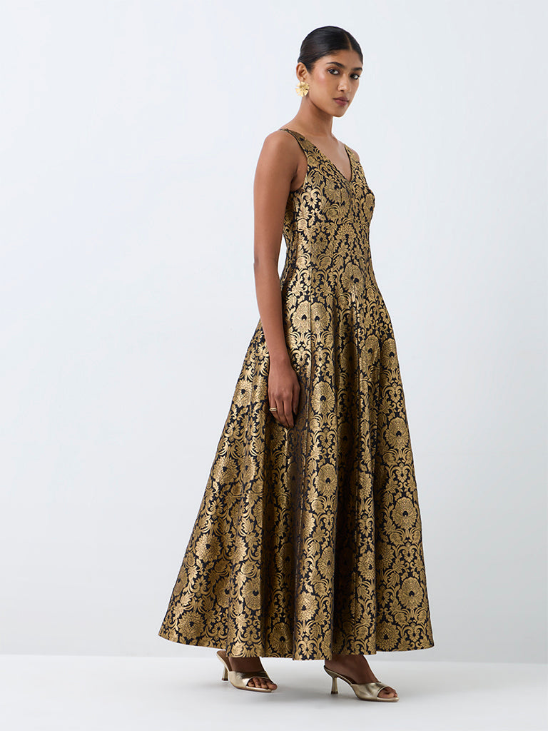 Vark Black Floral Jacquard Fit-and-Flare Dress
