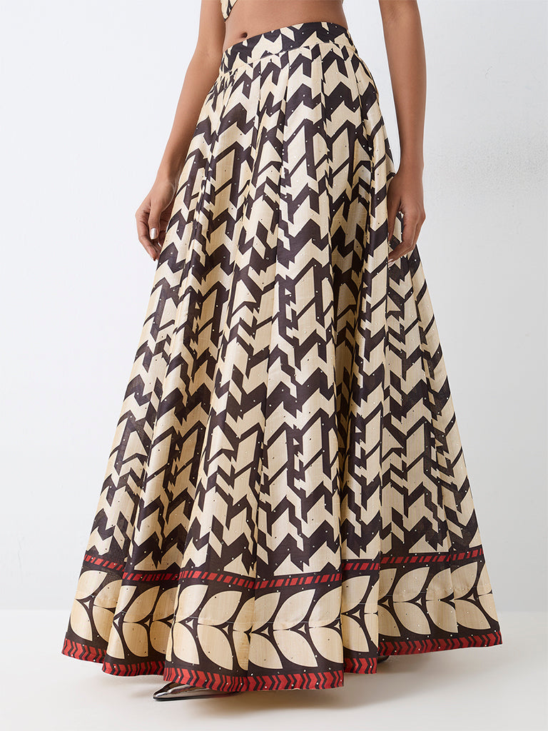 Vark Black Graphic Printed Flared Maxi Skirt