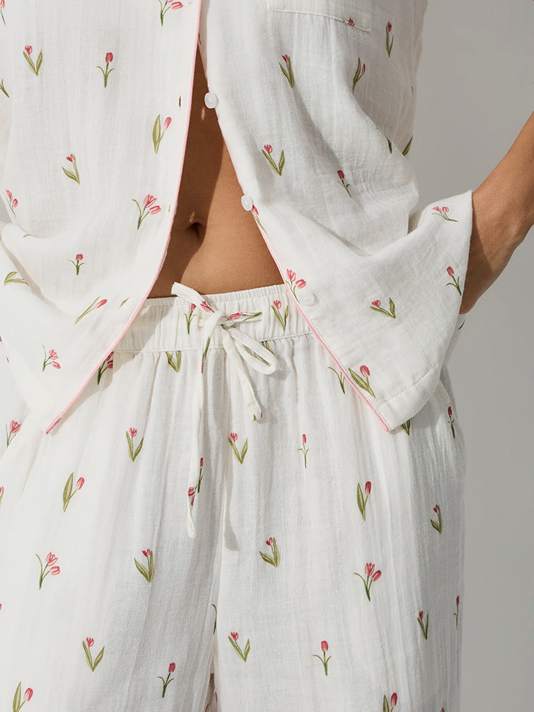 Wunderlove White Floral Pattern Shirt and Pyjamas Set