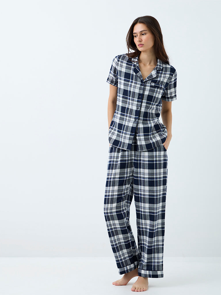 Wunderlove Navy Plaid Checkered Cotton Shirt and Pants Set