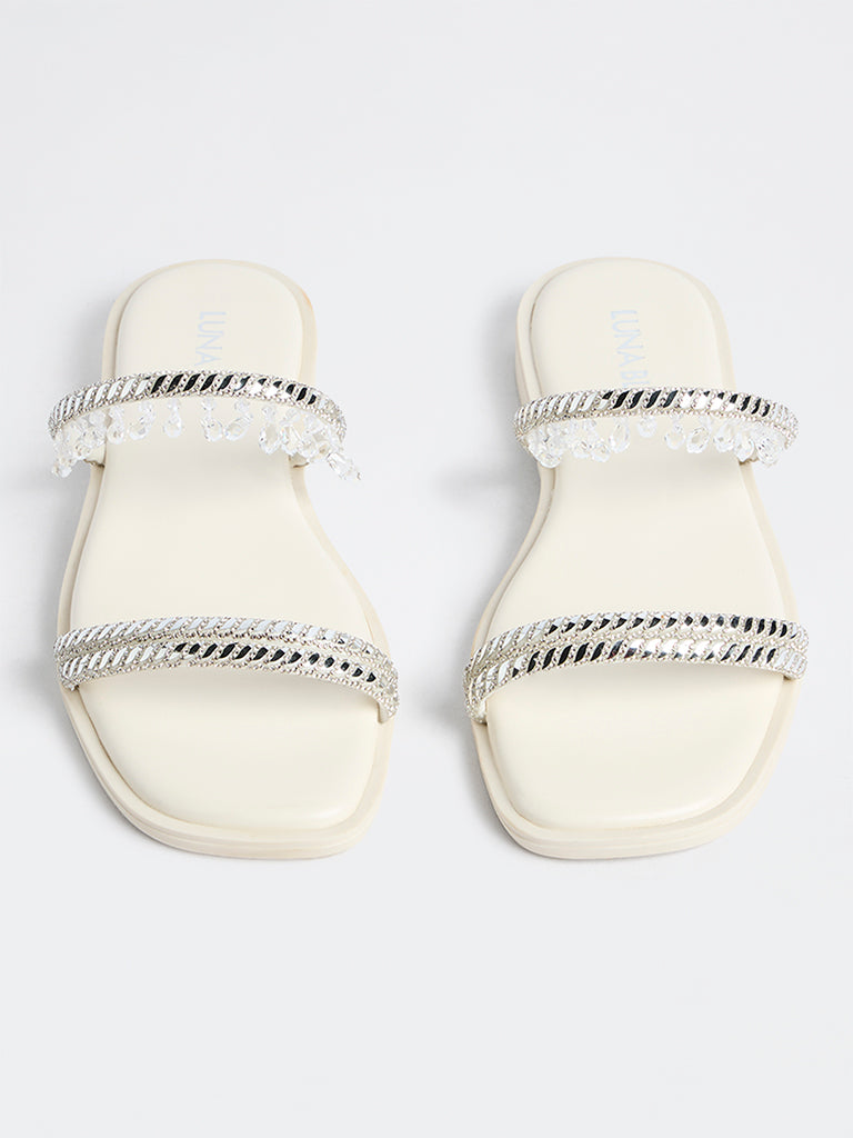LUNA BLU Ivory Embellished Dual-Strap Slides