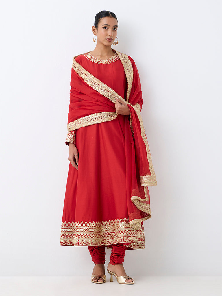 Vark Red Zari Embroidered Anarkali Kurta and Churidar Set