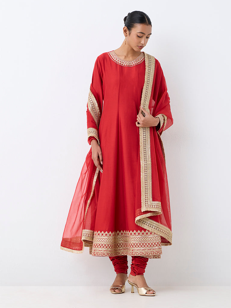 Vark Red Zari Embroidered Anarkali Kurta and Churidar Set