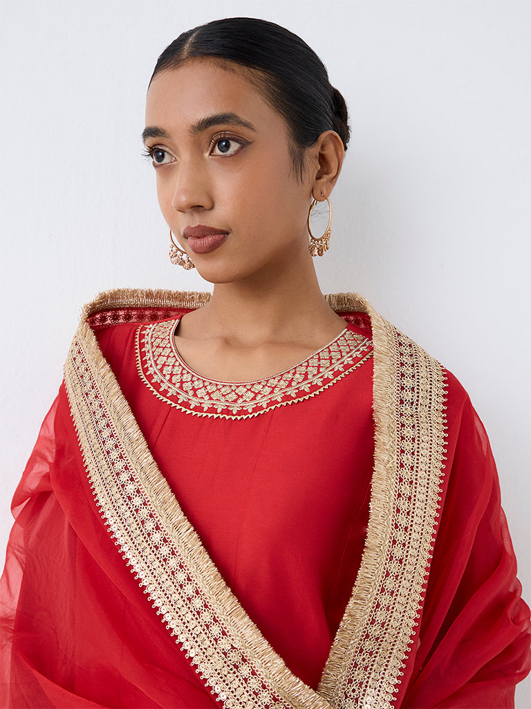 Vark Red Zari Embroidered Anarkali Kurta and Churidar Set