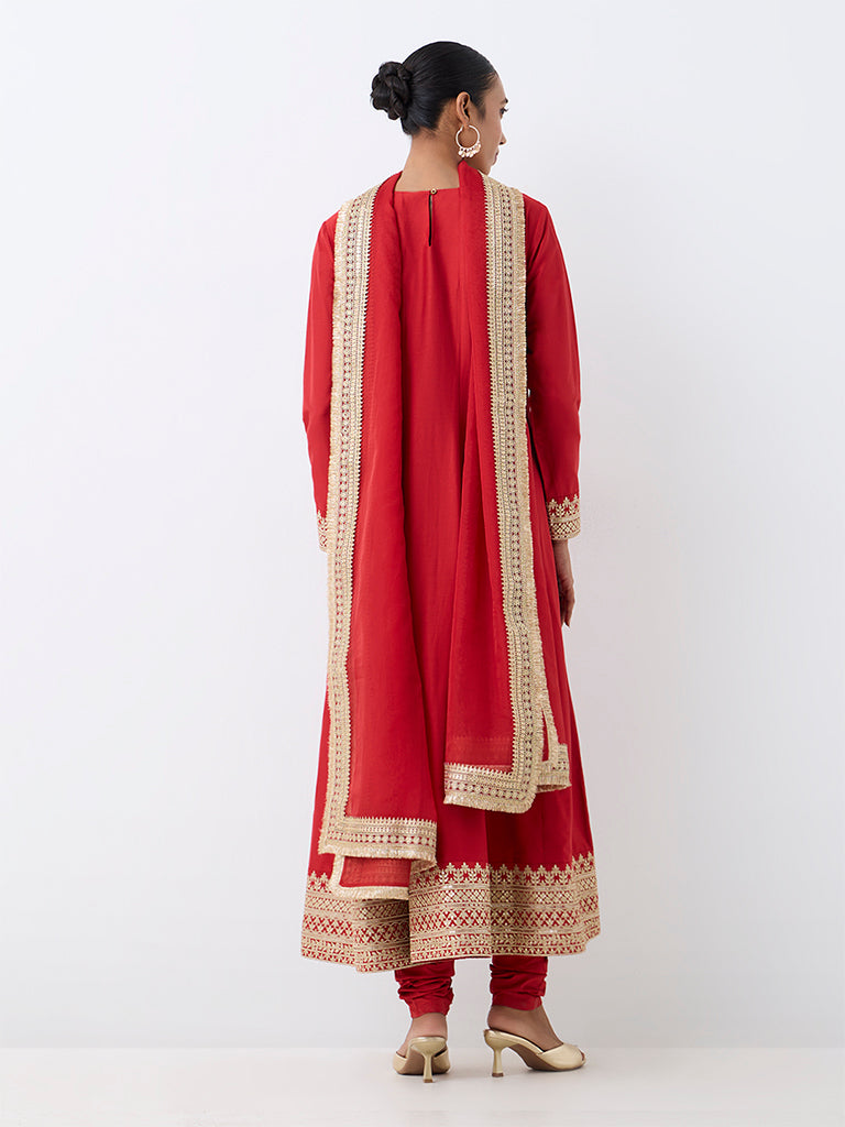 Vark Red Zari Embroidered Anarkali Kurta and Churidar Set