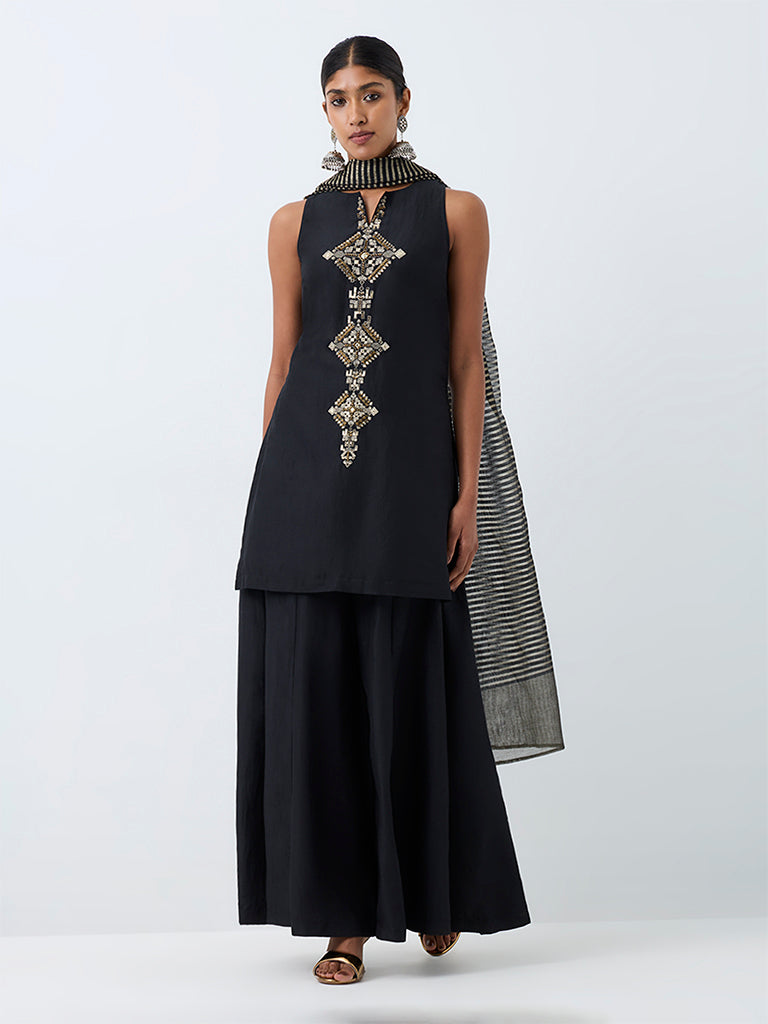 Vark Black Geometric Embroidered Straight Kurta and Flared Palazzos Set