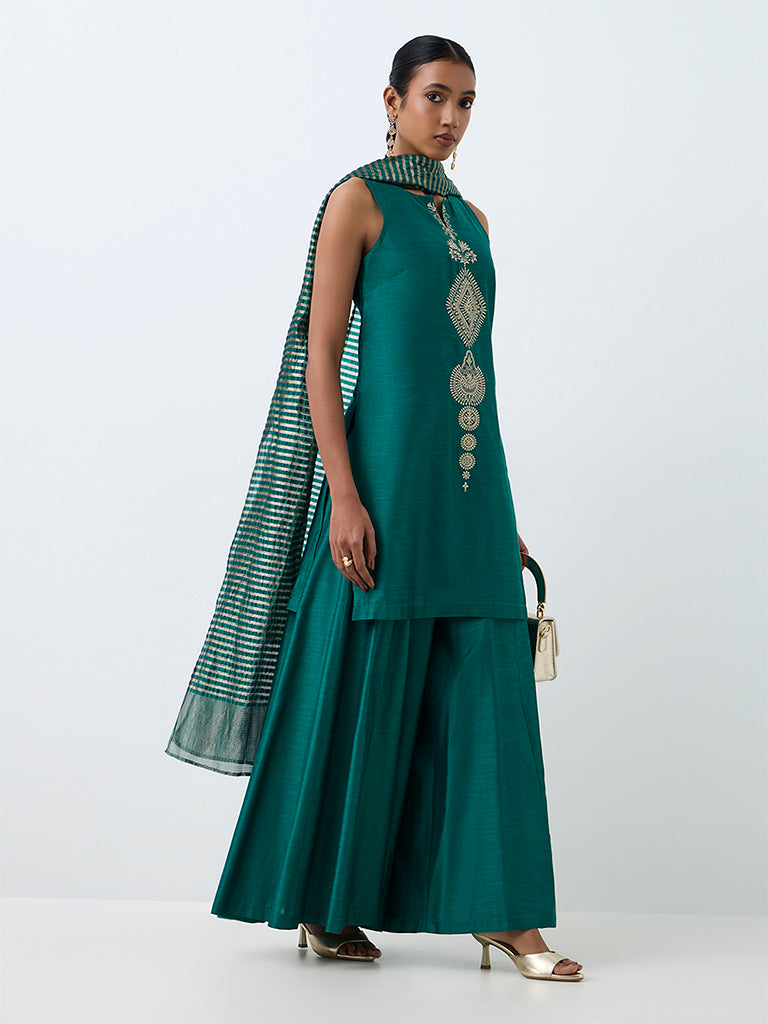 Vark Teal Floral Embroidered A-Line Kurta and Flared Palazzos Ethnic Set