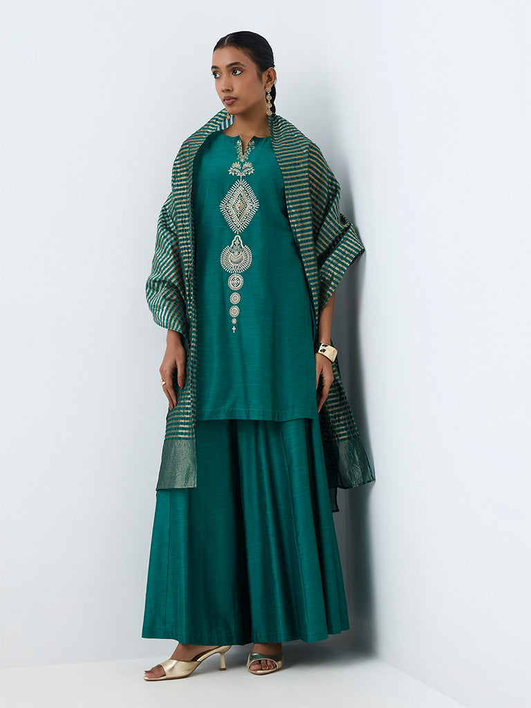 Vark Teal Floral Embroidered A-Line Kurta and Flared Palazzos Ethnic Set