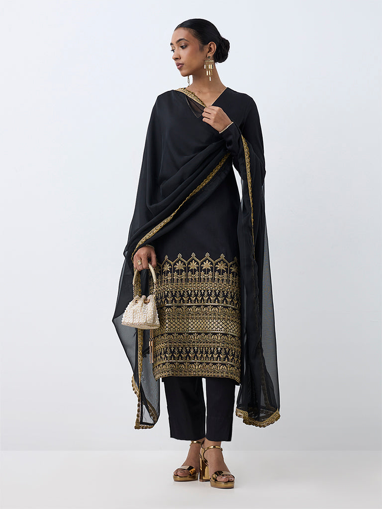 Vark Black Botanical Embroidered Straight Ethnic Set