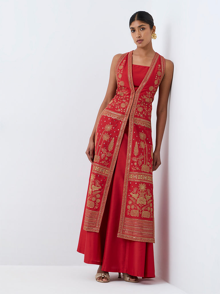 Vark Red Heritage Embroidered Jacket with Top