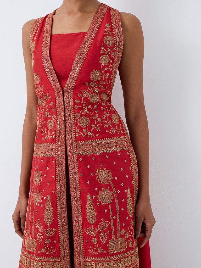 Vark Red Heritage Embroidered Jacket with Top