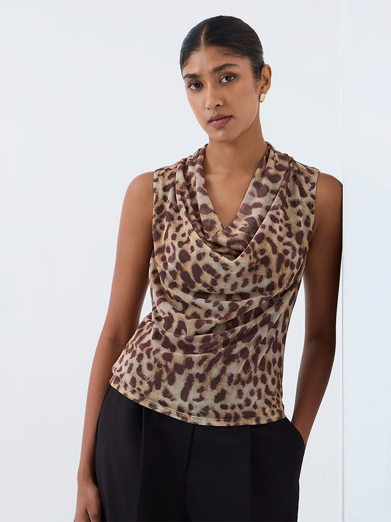Wardrobe Beige Animal Printed Cowl-Neck Top