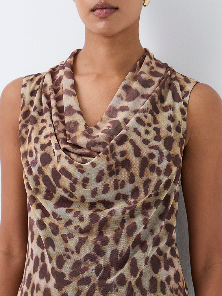 Wardrobe Beige Animal Printed Cowl-Neck Top