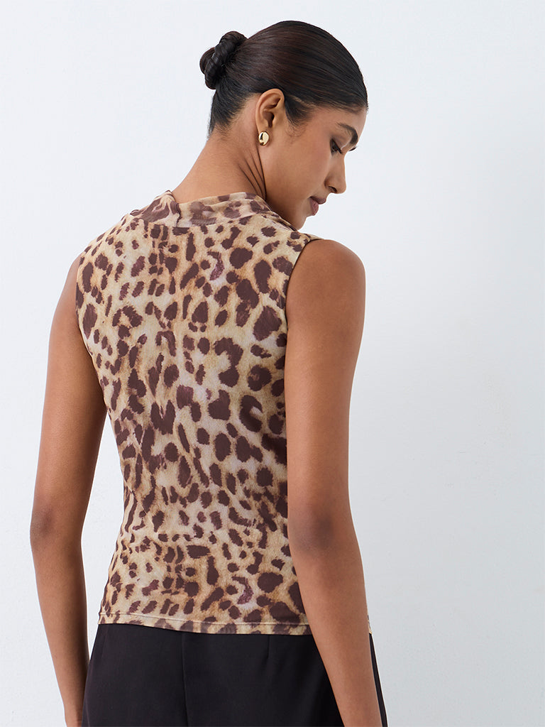 Wardrobe Beige Animal Printed Cowl-Neck Top