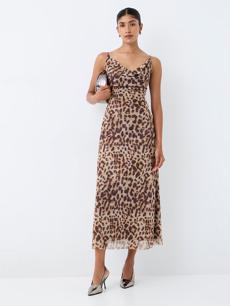 Wardrobe Brown Animal Printed Cowl-Neck Dress