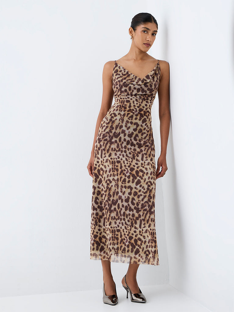 Wardrobe Brown Animal Printed Cowl-Neck Dress