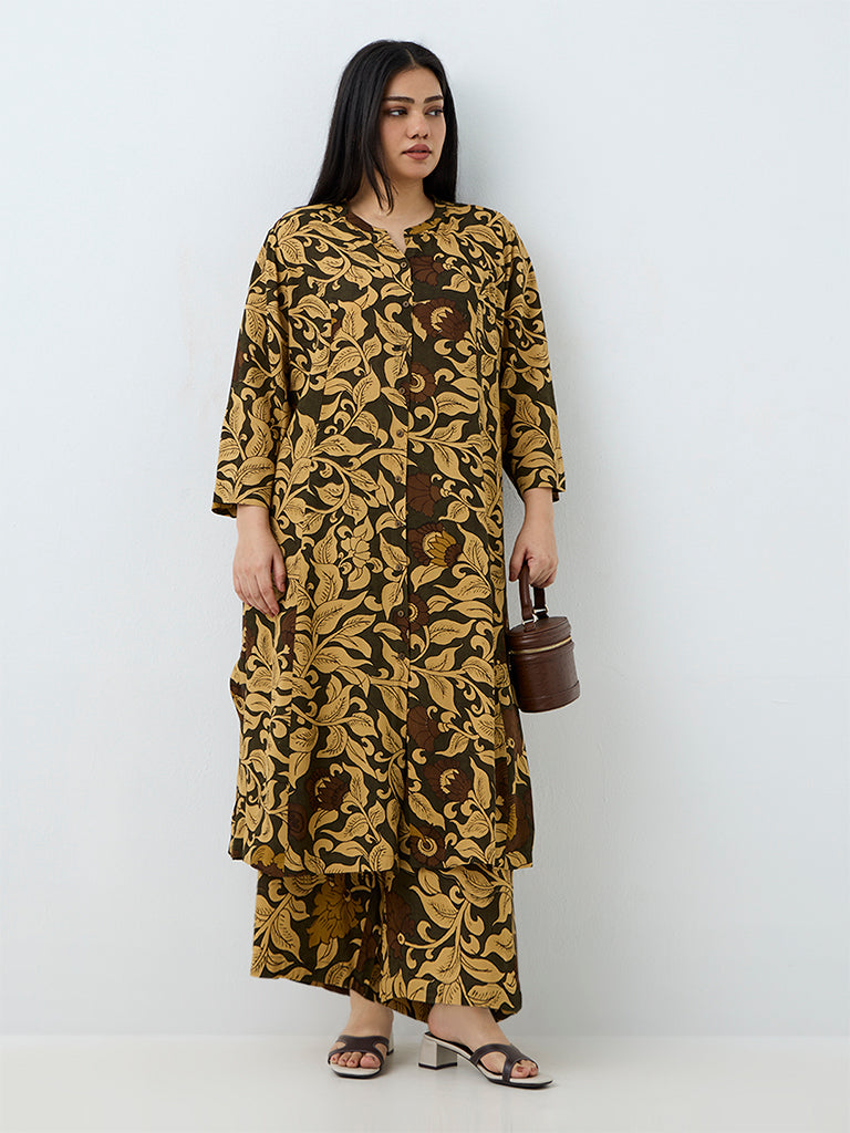 Diza Dark Olive Floral Printed Straight Kurta
