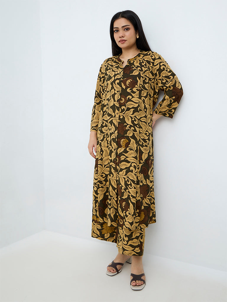 Diza Dark Olive Floral Printed Straight Kurta