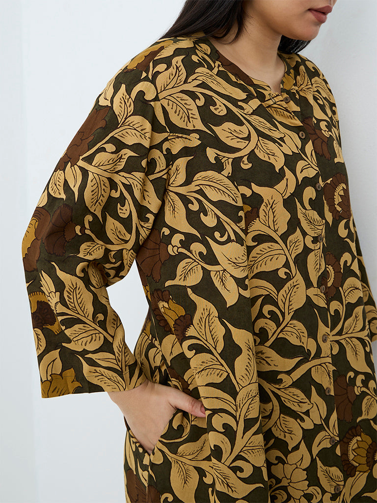 Diza Dark Olive Floral Printed Straight Kurta