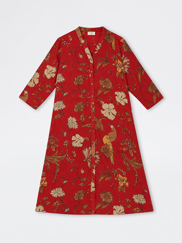 Diza Red Nature-Theme A-Line Kurta