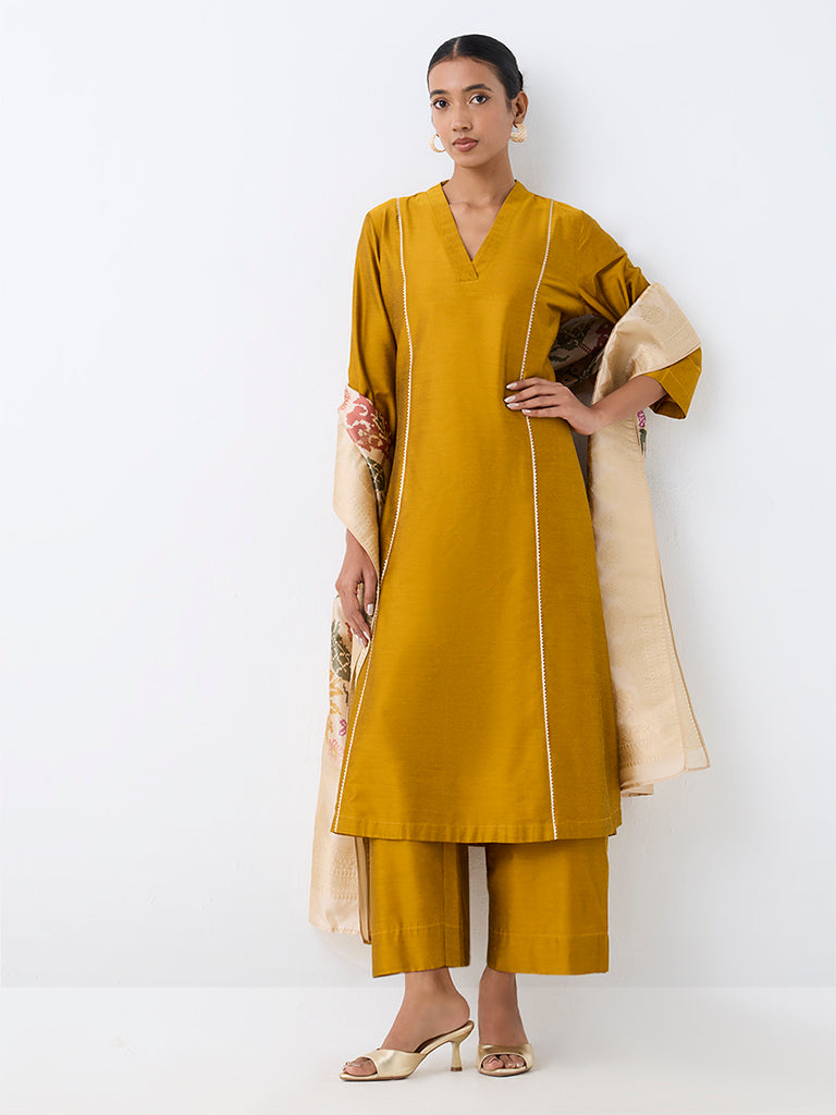 Vark Mustard Scallop Embroidered A-Line Ethnic Set