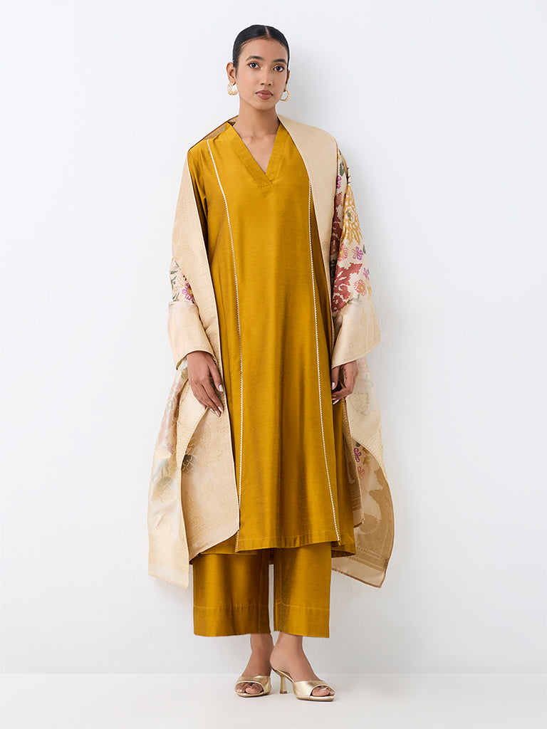Vark Mustard Scallop Embroidered A-Line Ethnic Set