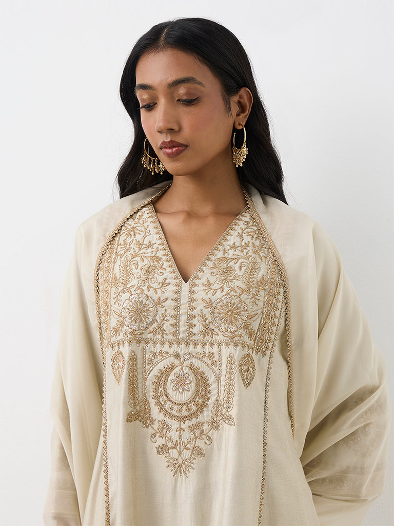 Vark Light Grey Embroidered Flared Ethnic Set