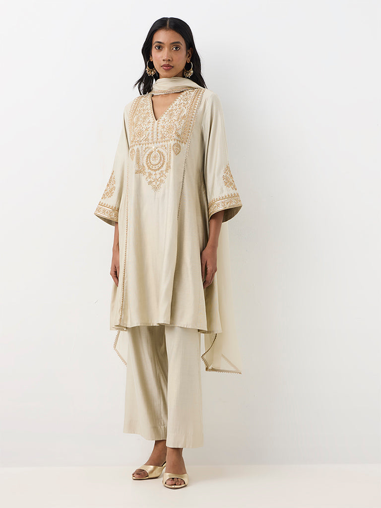 Vark Light Grey Embroidered Flared Ethnic Set