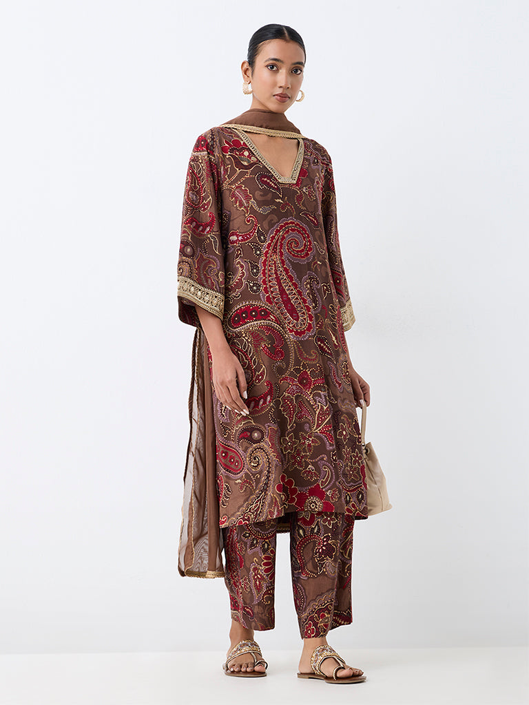 Vark Brown Paisley Printed A-Line Ethnic Set