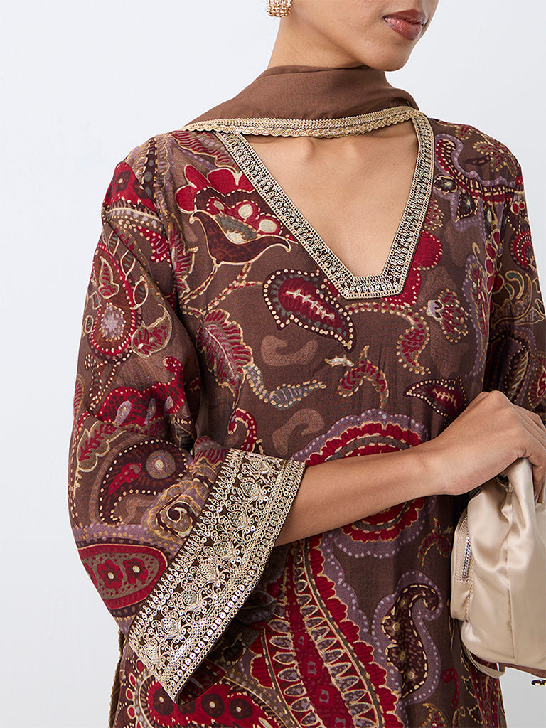 Vark Brown Paisley Printed A-Line Ethnic Set