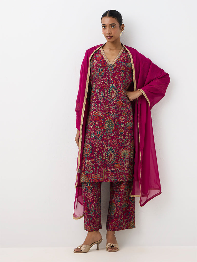 Vark Magenta Botanical Pattern A-Line Ethnic Set