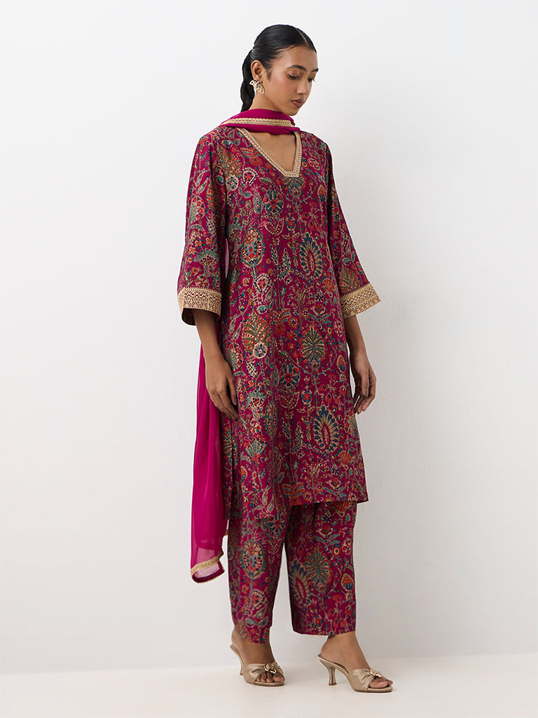 Vark Magenta Botanical Pattern A-Line Ethnic Set