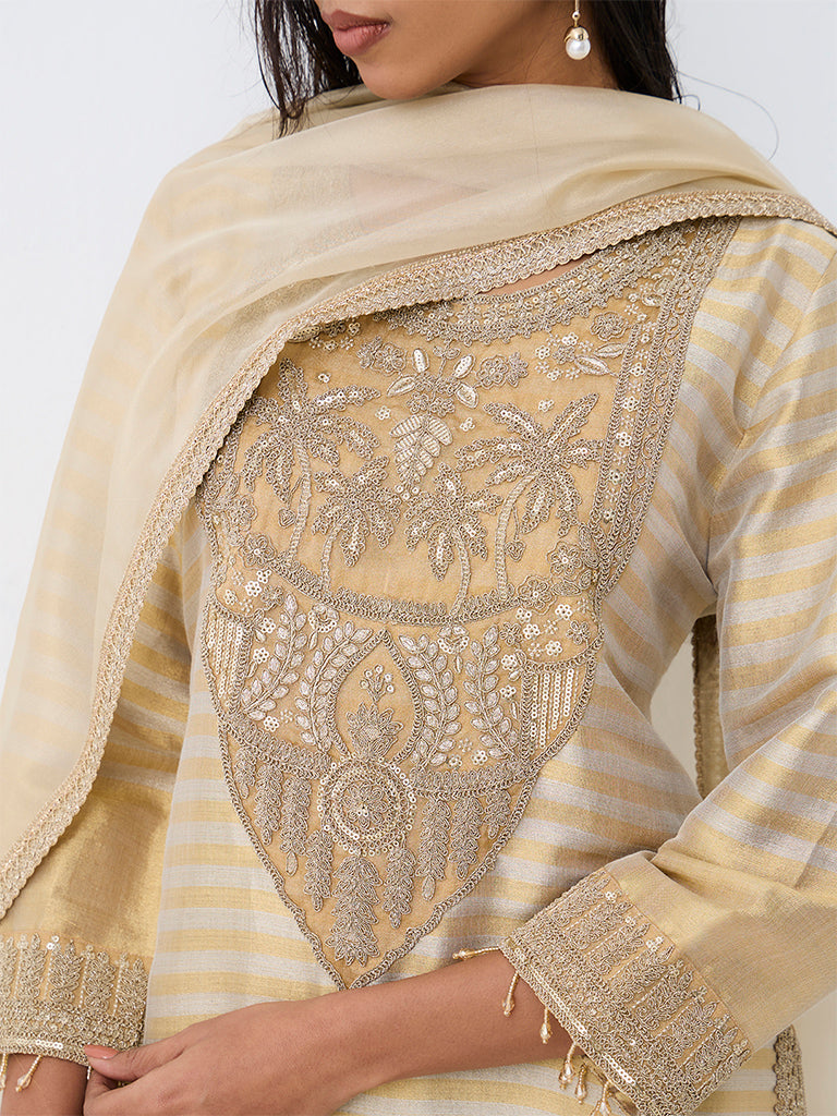 Vark Gold Botanical Embroidered Cotton A-Line Kurta and Farshi Salwar Set