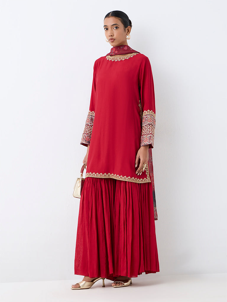 Vark Red Floral Embroidered A-Line Kurta and Sharara Ethnic Set