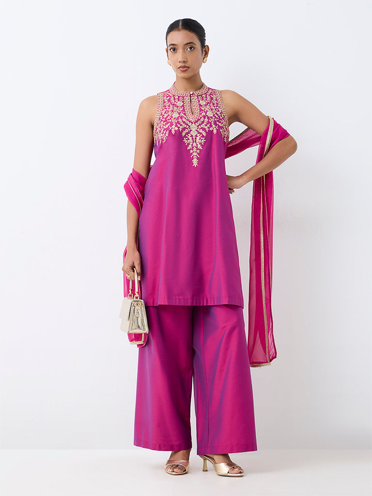 Vark Magenta Floral Embroidered A-Line Ethnic Set