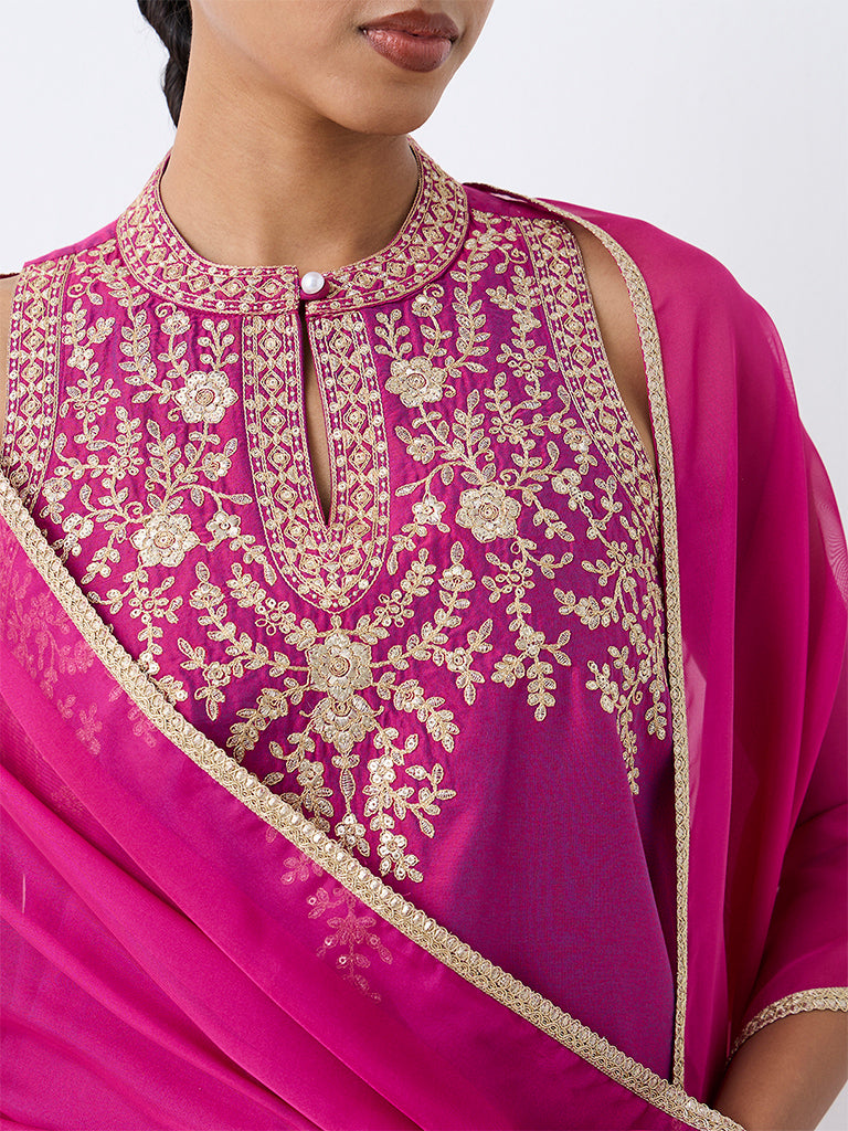 Vark Magenta Floral Embroidered A-Line Ethnic Set