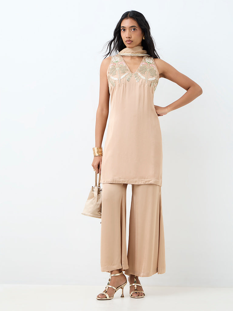 Vark Light Beige Floral Embroidered A-Line Ethnic Set