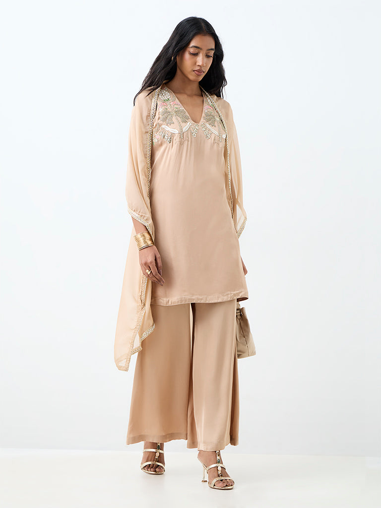Vark Light Beige Floral Embroidered A-Line Ethnic Set