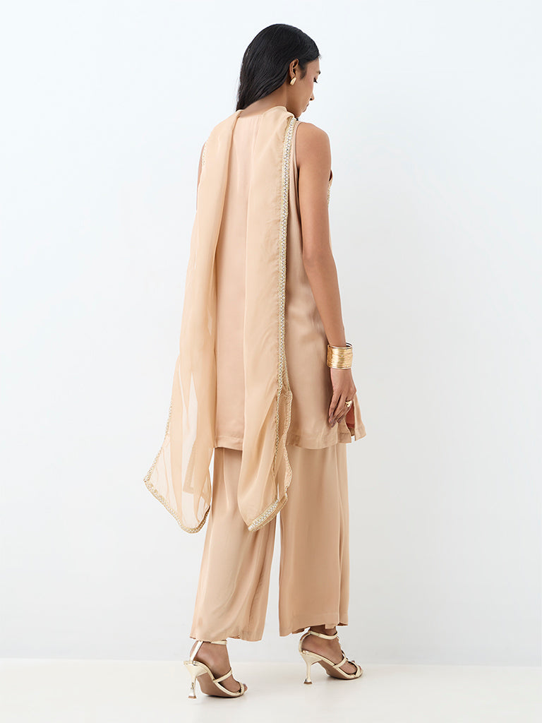 Vark Light Beige Floral Embroidered A-Line Ethnic Set