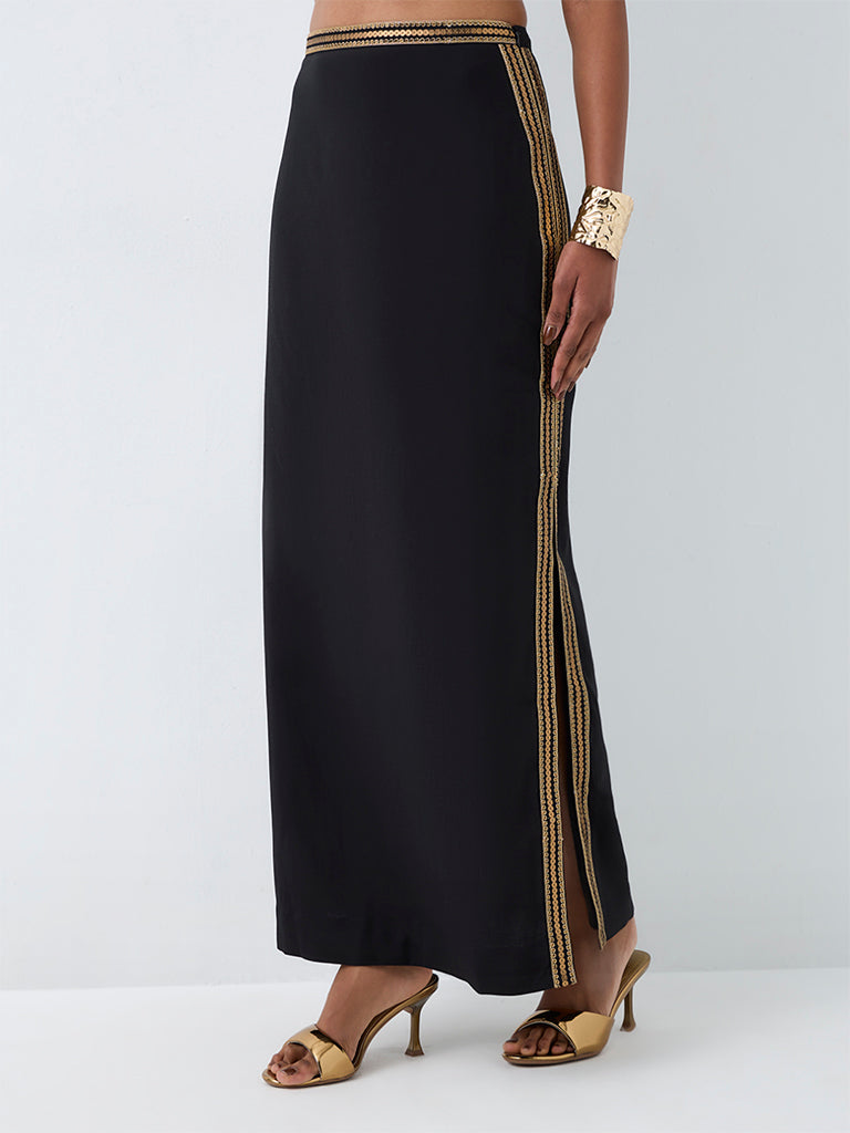 Vark Black Sequin Embellished Maxi Skirt