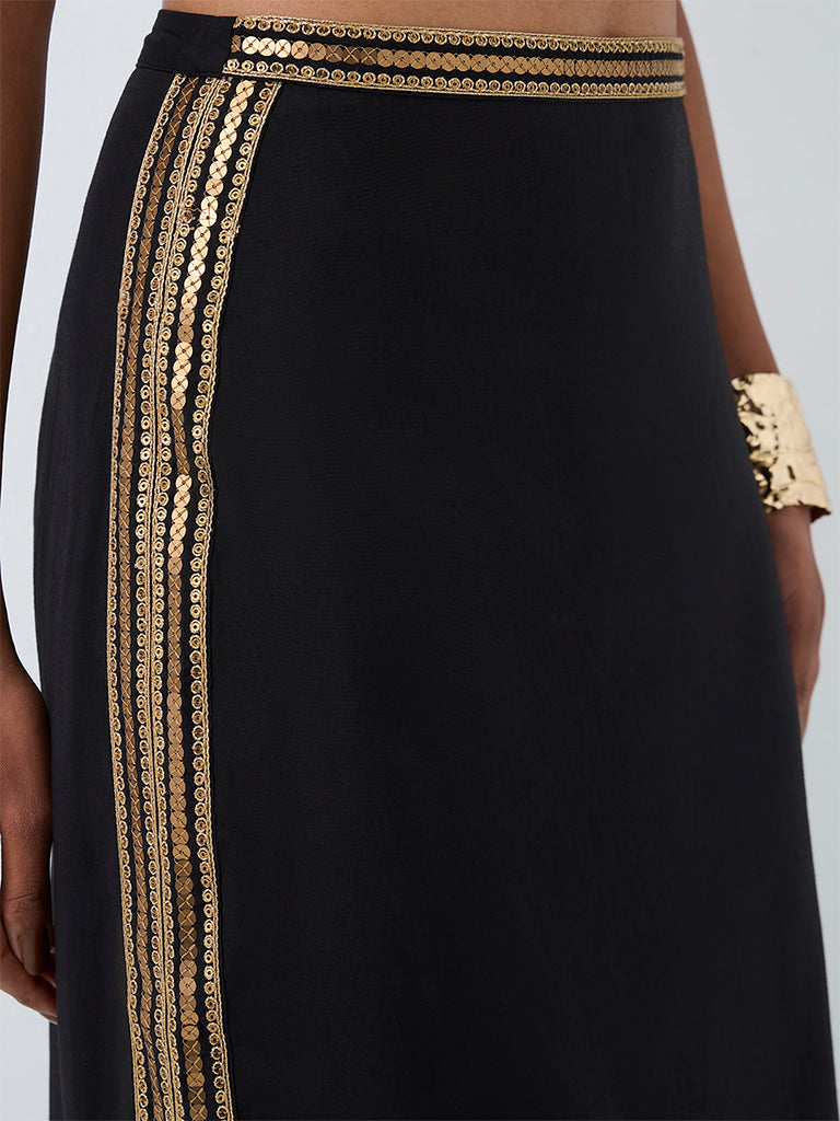 Vark Black Sequin Embellished Maxi Skirt