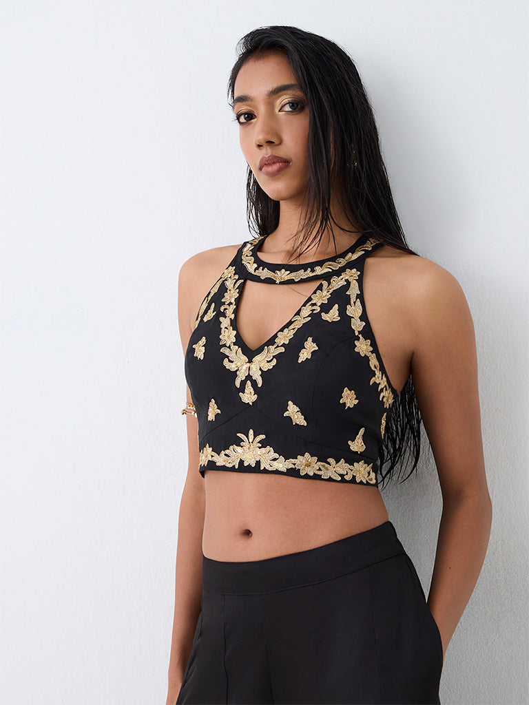 Vark Black Floral Embroidered Crop Top