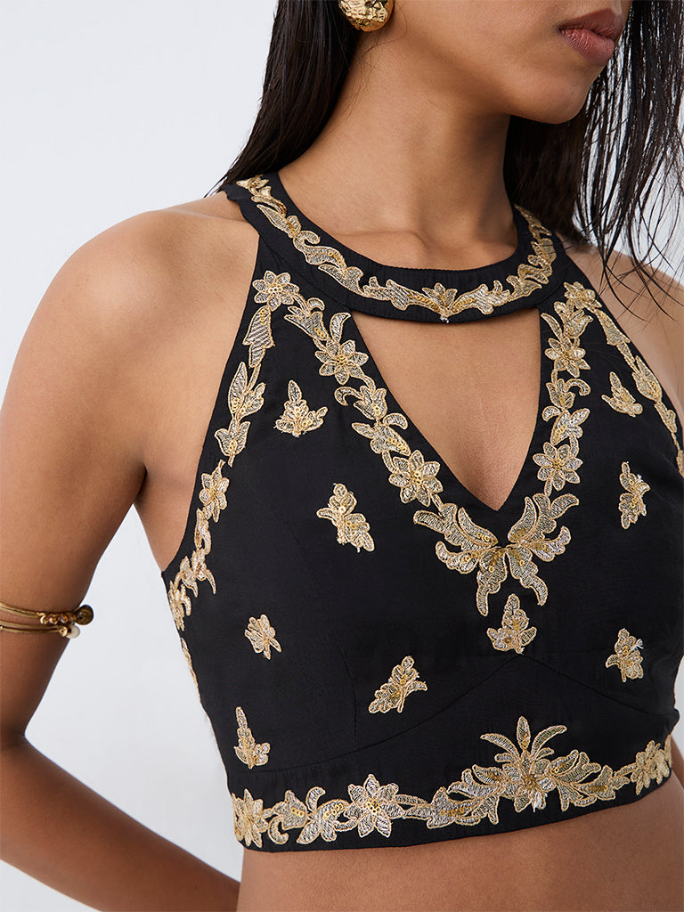 Vark Black Floral Embroidered Crop Top