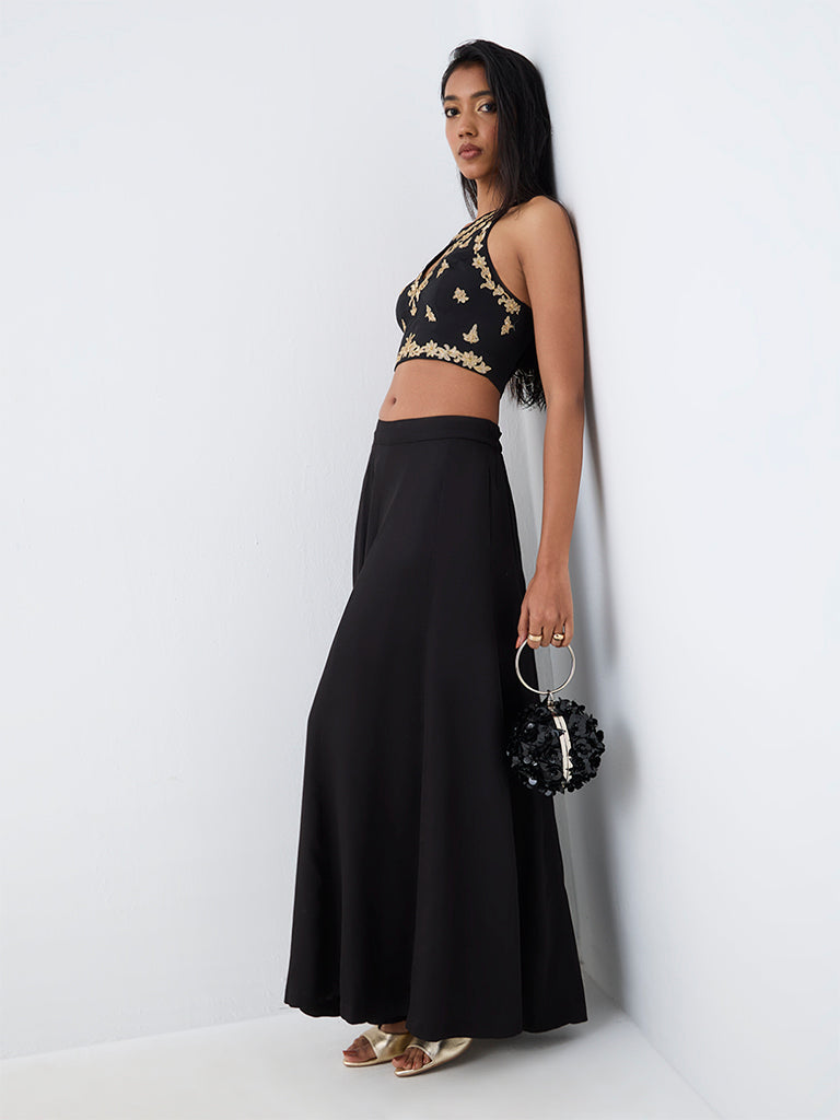 Vark Black Solid Flared Palazzos