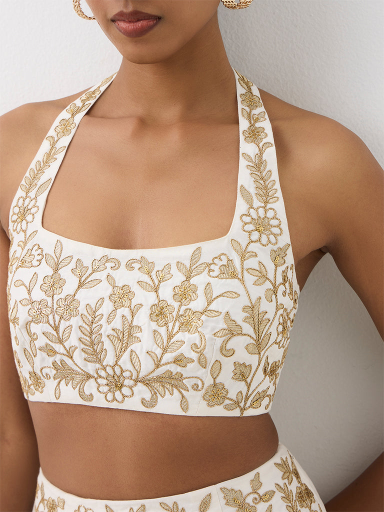 Vark Off-White Floral Embroidered Crop Top