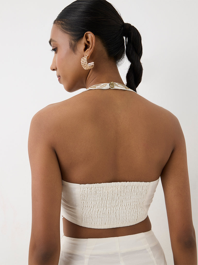 Vark Off-White Floral Embroidered Crop Top